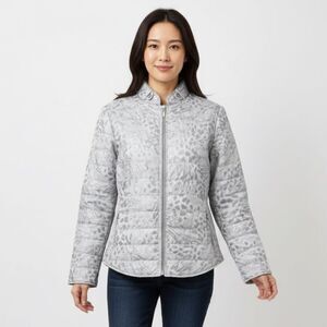 Chico's Gray Quilted Animal Print Jacket with Ribbed Side Panels Size 2 | Large